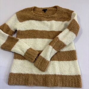 Talbots Petite Striped Eyelash Knit Fluffy Sweater Brown Cream Wool Blend SP